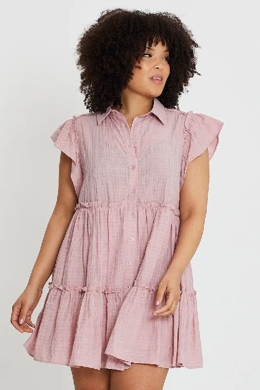 Super Sale Pink Short Frill Sleeve Textured Blush Shirtdress