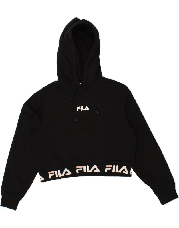 Sale Event FILA Womens Graphic Crop Hoodie Jumper UK 12 Medium Black Cotton