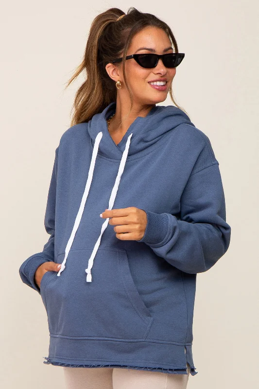 Steals and Deals Blue Raw Edge Trim Maternity Drawstring Hoodie
