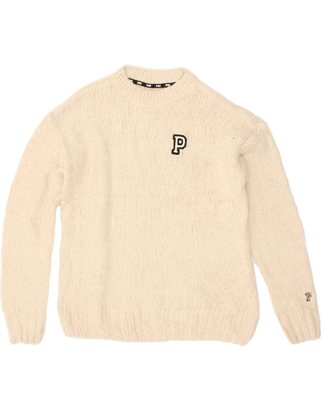 Take Advantage PINK Womens Crew Neck Jumper Sweater UK 6 XS Off White Acrylic