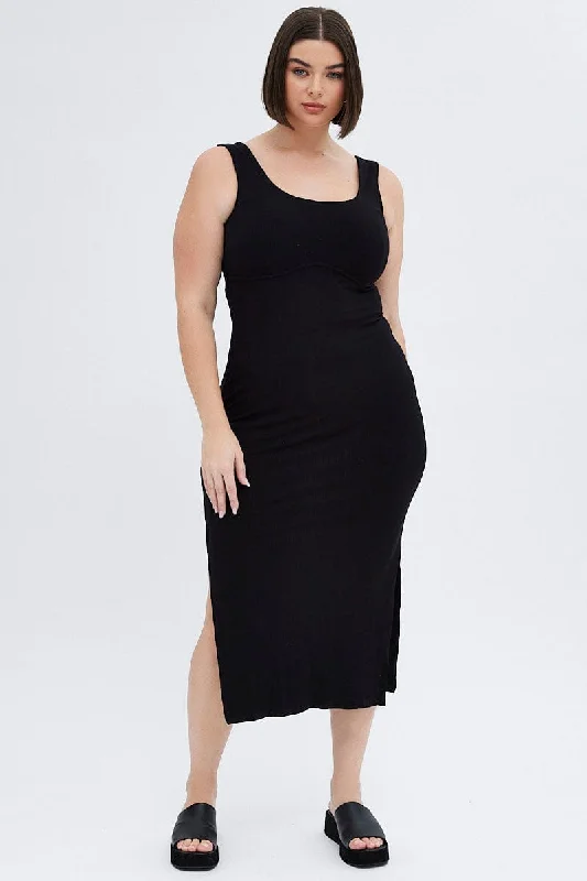 Time-Limited Offer Black Bodycon Dress Rib Jersey Sleeveless Midi