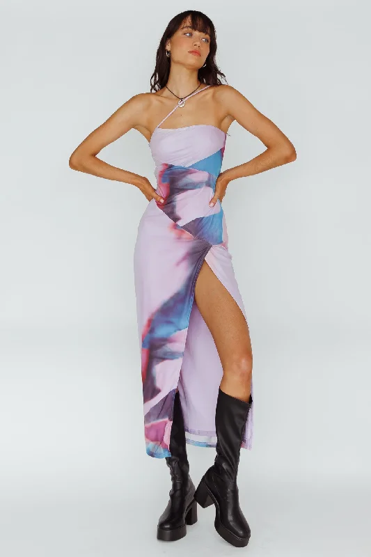 Limited Time Offer Martine One Strap Mesh Midi Dress Print Plum