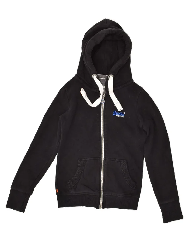 Online Only SUPERDRY Womens Zip Hoodie Sweater UK 2 2XS Black Cotton