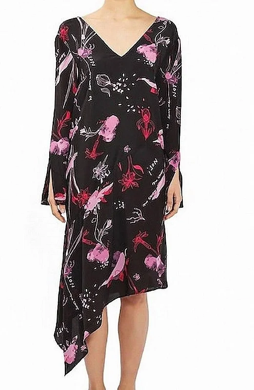 Amazing Deals Silk Asymmetrical Hem Floral Print Dress In Black