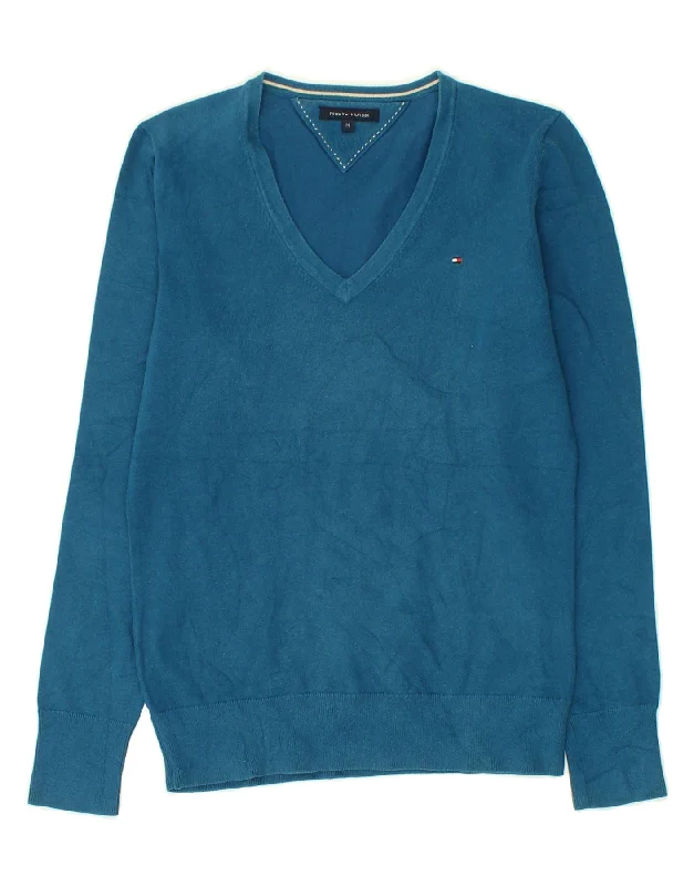 Act Fast TOMMY HILFIGER Womens V-Neck Jumper Sweater UK 12 Medium Blue Cotton