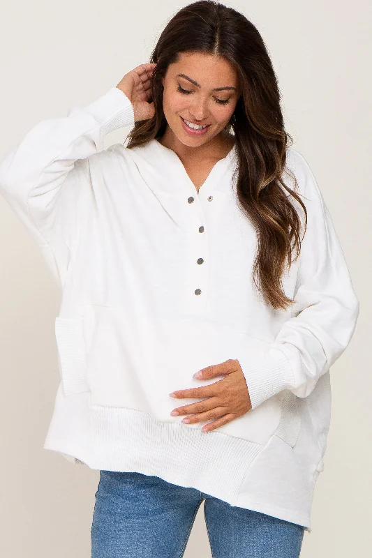 Online Specials White Button Front Ribbed Trim Hooded Maternity Sweatshirt