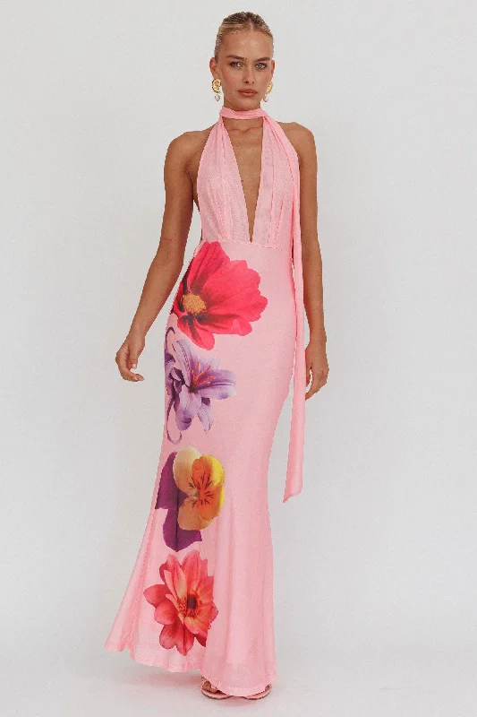 Price Smash Italia Azure Halterneck Maxi Dress Flowers Pink