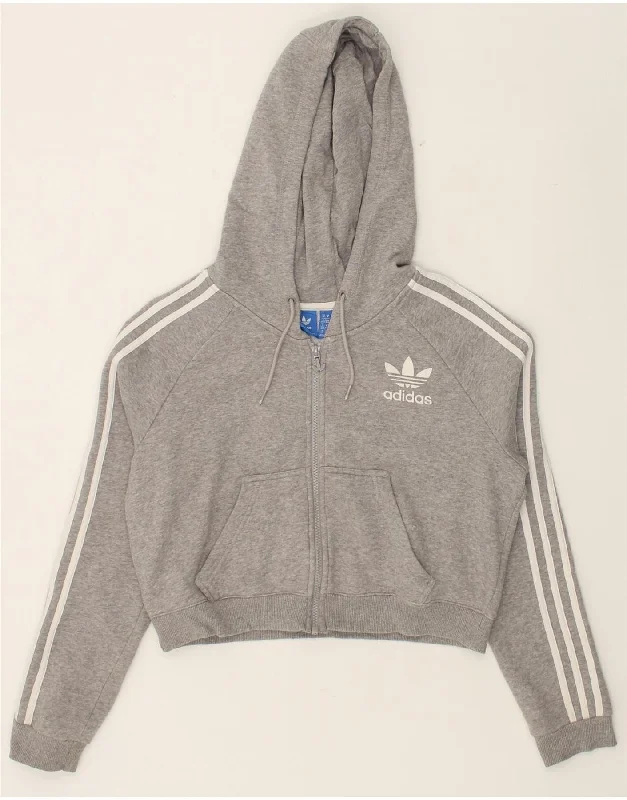 Can't Miss ADIDAS Womens Crop Zip Hoodie Sweater UK 14 Medium Grey Cotton