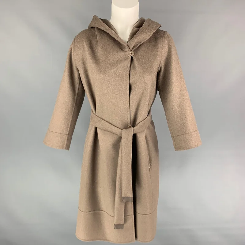 Members Only MAX MARA Size 6 Taupe Virgin Wool Hooded Belted Coat