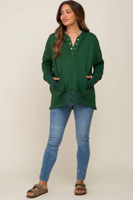 Big Discounts Forest Green Button Front Ribbed Trim Maternity Hooded Sweatshirt