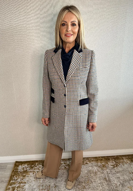 Discount Days Bariloche Figuria Houndstooth Wool Blend Long Coat, Navy Blue
