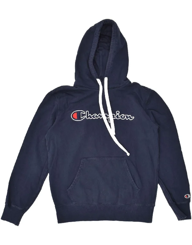 Incredible Offers CHAMPION Womens Graphic Hoodie Jumper UK 16 Large Navy Blue Cotton