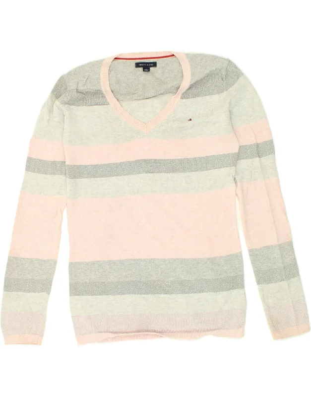 Steals and Deals TOMMY HILFIGER Womens V-Neck Jumper Sweater UK 6 XS Grey Striped Cotton Steals and Deals TOMMY HILFIGER Womens V-Neck Jumper Sweater UK 6 XS Grey Striped Cotton