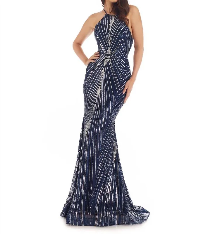 Closeout Sale Sequined Stretch Tulle Gown In Navy/silver
