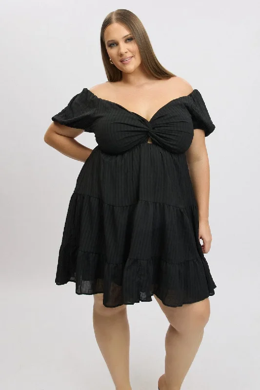 Great Deals Black Textured Chiffon Twist Front Puff Sleeve Minidress
