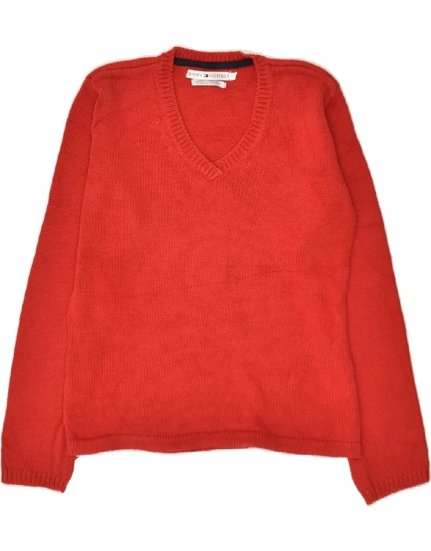 Price Reduction TOMMY HILFIGER Womens V-Neck Jumper Sweater UK 10 Small Red Cotton