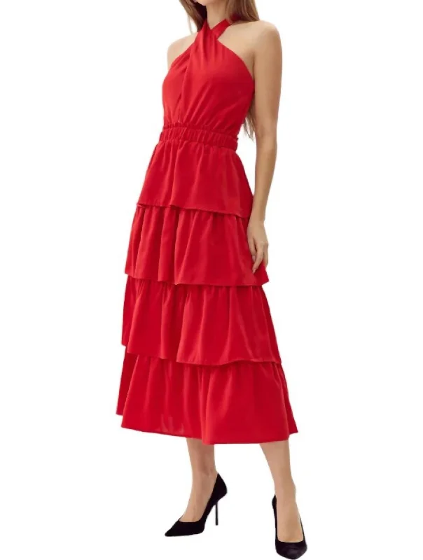 Huge Discounts Eleanor Halter Tiered Midi Dress In Crimson Red