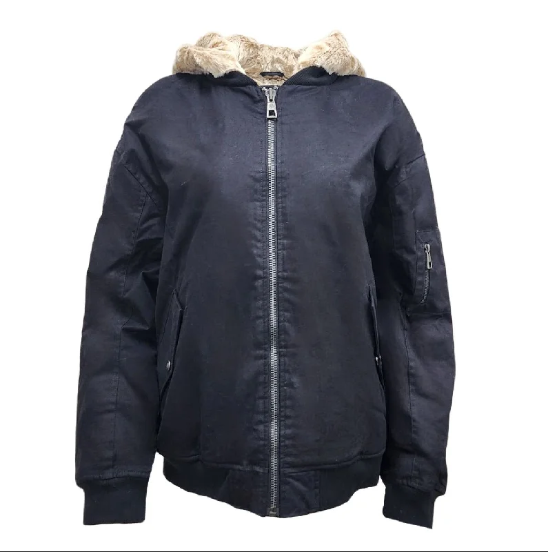 Steals and Deals HoodLamb Women's Black Fur Lined Hemp Organic Cotton Bomber 420 NWT