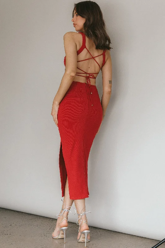 Great Bargains Dream Crush Lace-Up Back Side Split Midi Dress Wine
