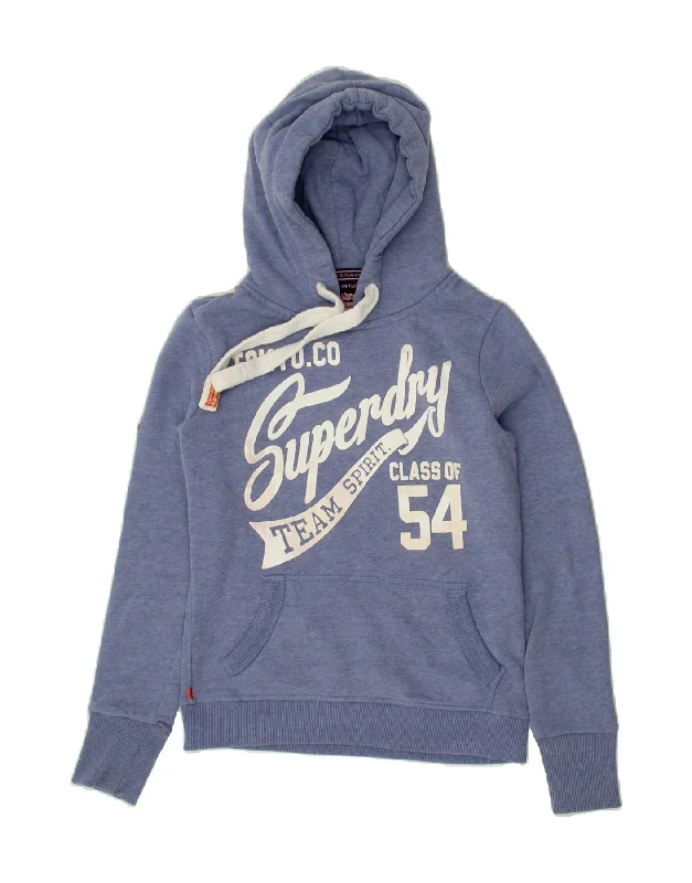 Weekend Deal SUPERDRY Womens Graphic Hoodie Jumper UK 6 XS Blue Cotton