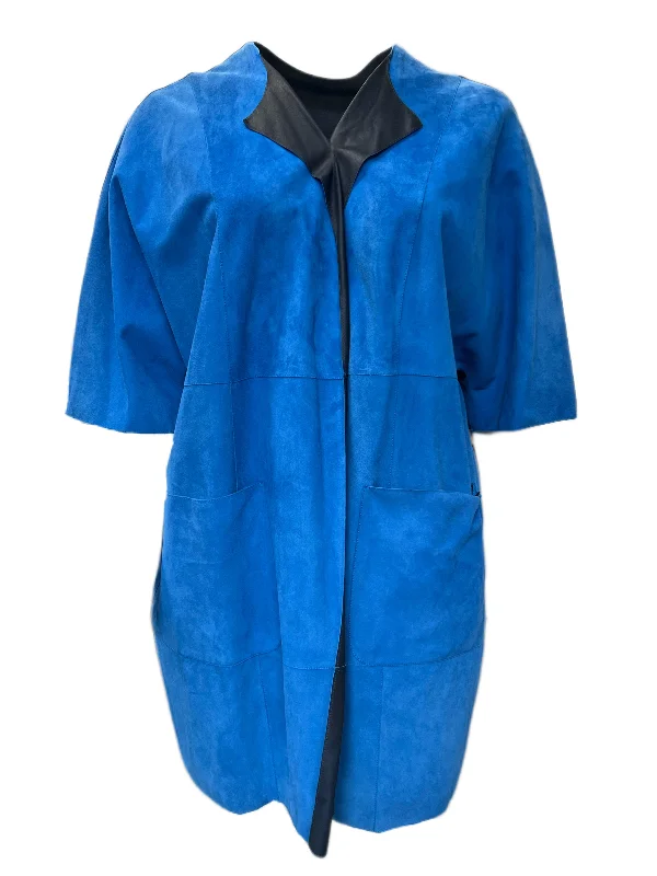 Don't Wait Marina Rinaldi Women's Blue Edison Open Front Leather Jacket NWT