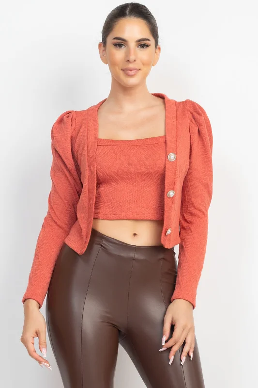 Doorbuster Deal Geometric Cami Puff Sleeves Blazer Top Set