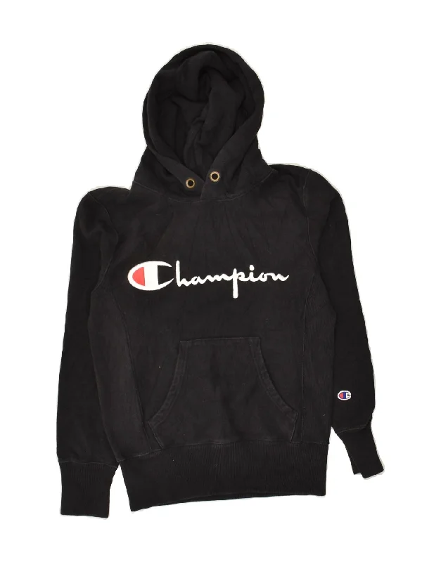 Deal of the Week CHAMPION Womens Oversized Graphic Hoodie Jumper UK 6 XS Black Cotton