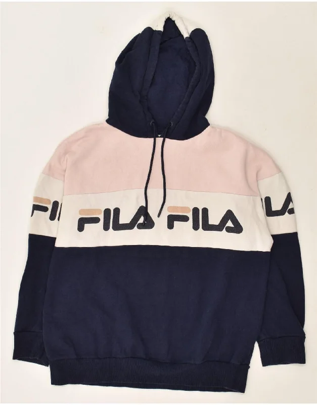 Huge Discounts FILA Womens Graphic Hoodie Jumper UK 12 Medium Navy Blue Colourblock
