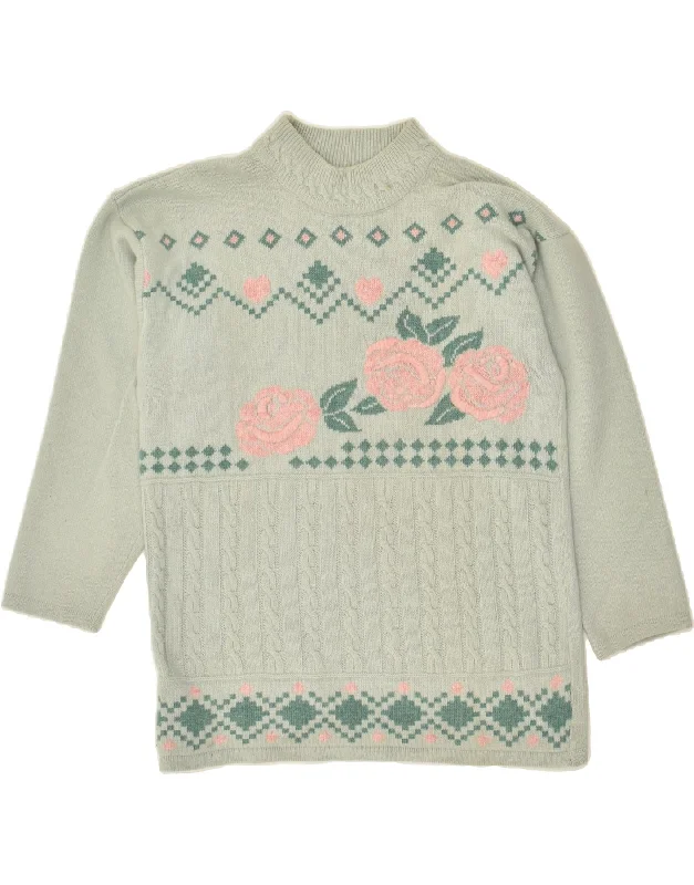 Crazy Deals VINTAGE Womens Graphic Turtle Neck Jumper Sweater UK 16 Large Grey Floral