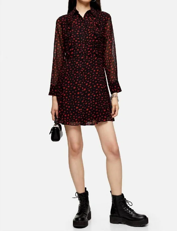 Fantastic Offers Geometric Print Frill Button Down Mini Dress In Black/red