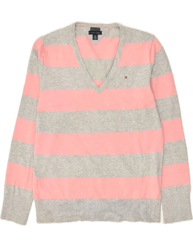 Price Cut TOMMY HILFIGER Womens V-Neck Jumper Sweater UK 14 Large Grey Striped