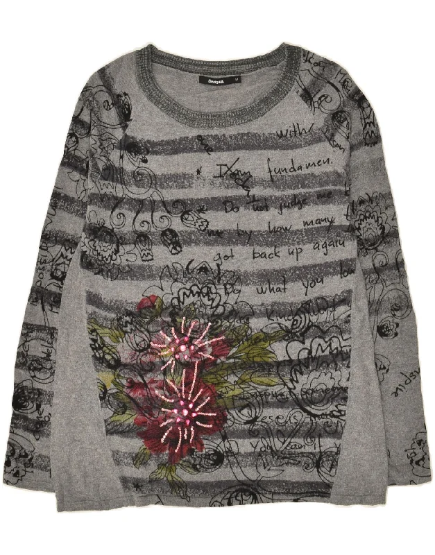 Big Discounts DESIGUAL Womens Graphic Boat Neck Jumper Sweater UK 12 Medium Grey Floral