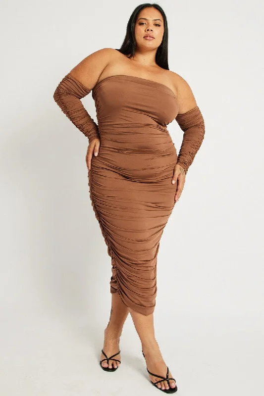 Limited Time Brown Ruched Jersey Midi Dress