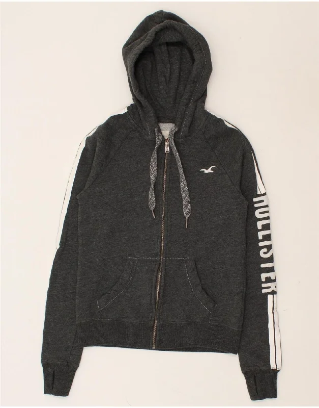 Super Bargain HOLLISTER Womens Graphic Zip Hoodie Sweater UK 6 XS Grey Cotton