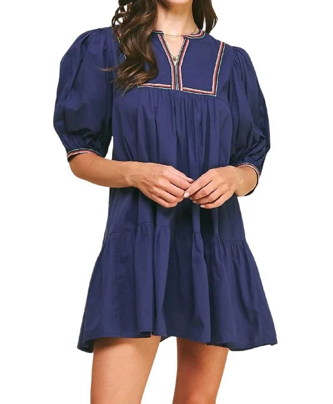 Final Clearance Tape Trim Detail Dress In Cold Navy
