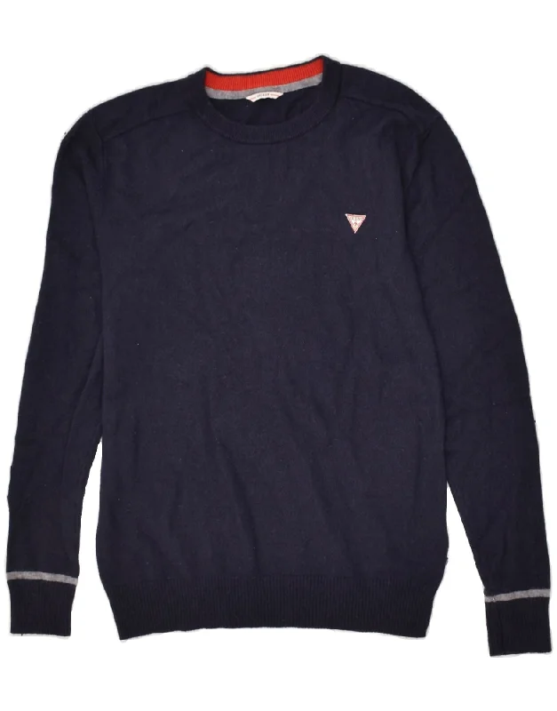 Steals and Deals GUESS Womens Crew Neck Jumper Sweater UK 10 Small Navy Blue Viscose