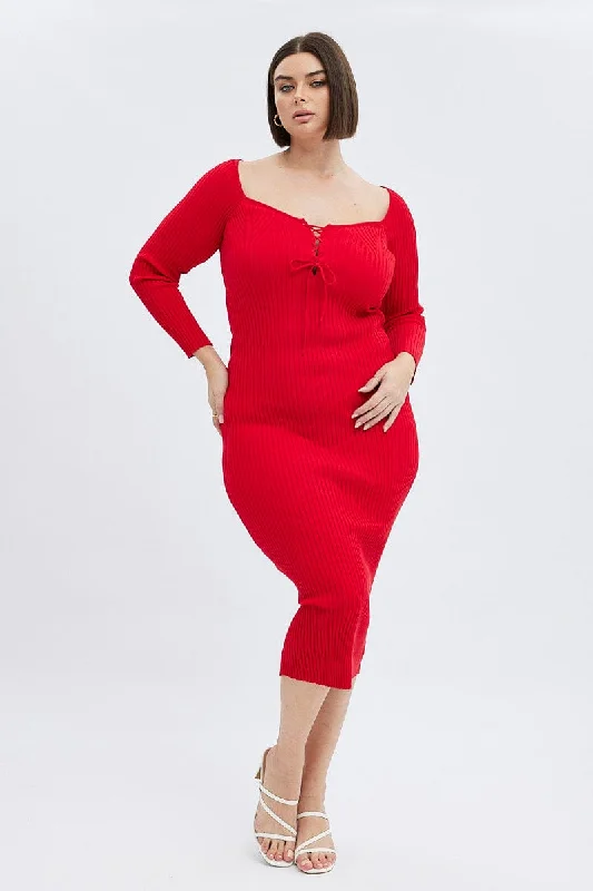 Huge Discounts Red Knit Dress Lace Up Front Long Sleeve Rib