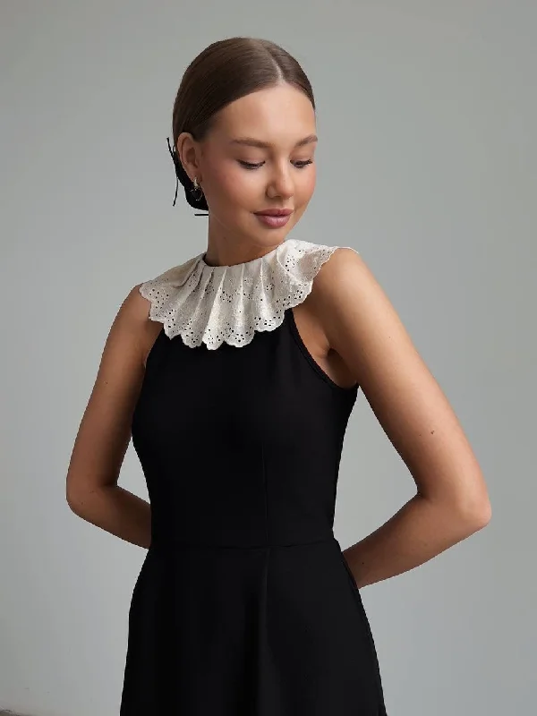 Markdowns Elegant Black Midi Dress Special Design with Lace Collar