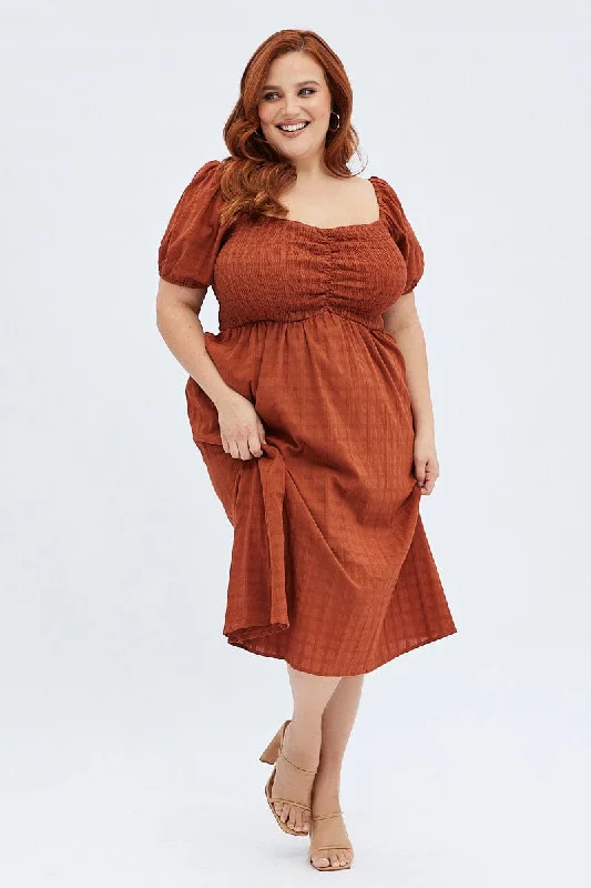 Don't Wait Rust Midi Dress Textured Puff Sleeve