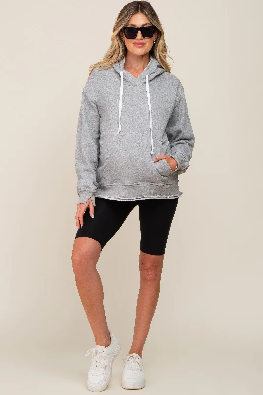Overstock Heather Grey Raw Edge Trim Maternity Drawstring Hoodie