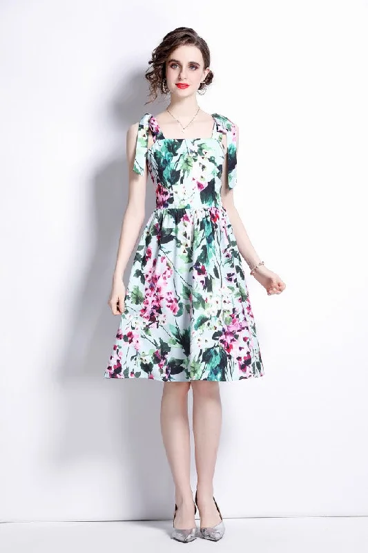 Don't Wait Green Day A-line Off The Shoulder Strap Knee Floral Dress
