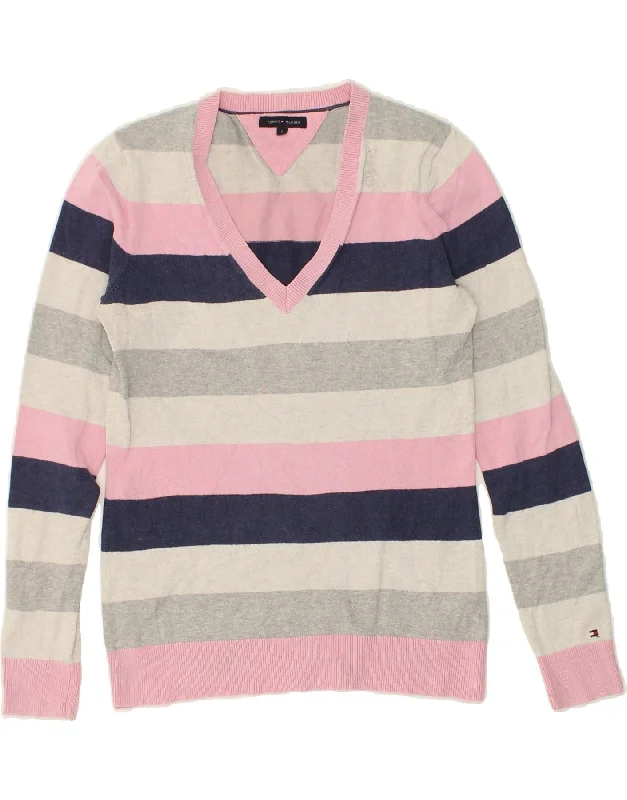 Seasonal Clearance TOMMY HILFIGER Womens V-Neck Jumper Sweater UK 10 Small Pink Striped Seasonal Clearance TOMMY HILFIGER Womens V-Neck Jumper Sweater UK 10 Small Pink Striped