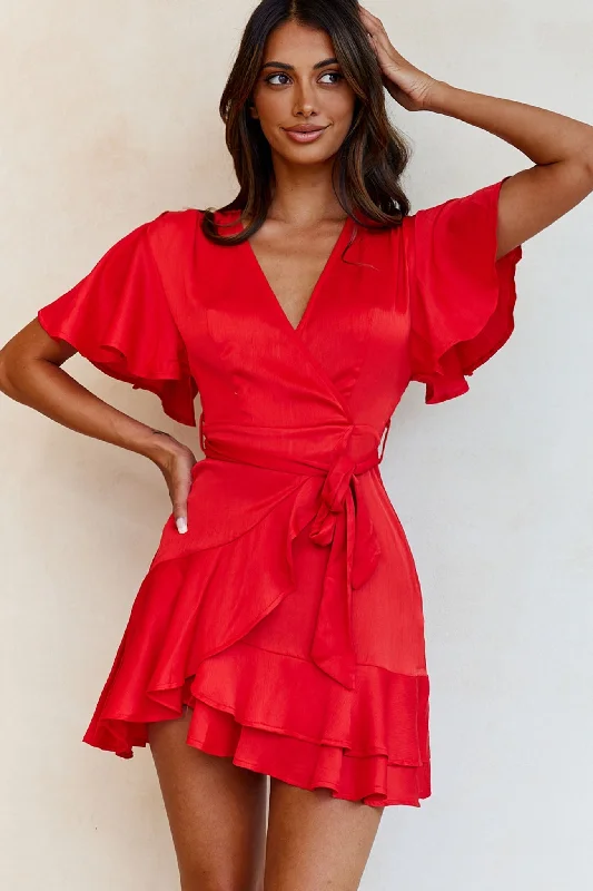 Limited Availability Cami Angel Sleeve Faux Wrap Dress Red