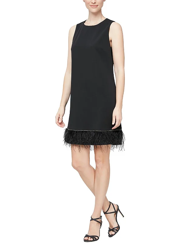 Grand Opening Sale Womens Embellished Feather Trim Shift Dress