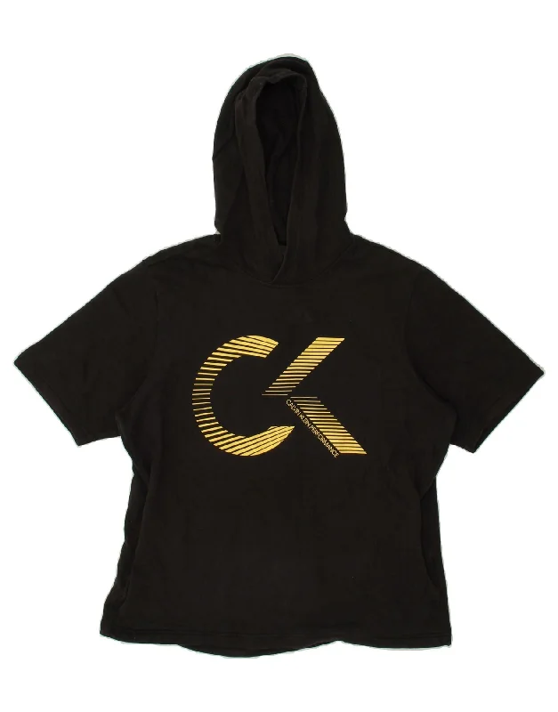 Markdowns CALVIN KLEIN Womens Short Sleeve Graphic Hoodie Jumper UK 16 Large Black