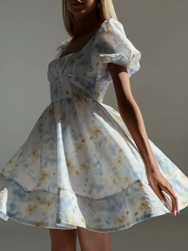 Weekend Deal Romantic Puff Sleeve Tie-Dye Midi Dress