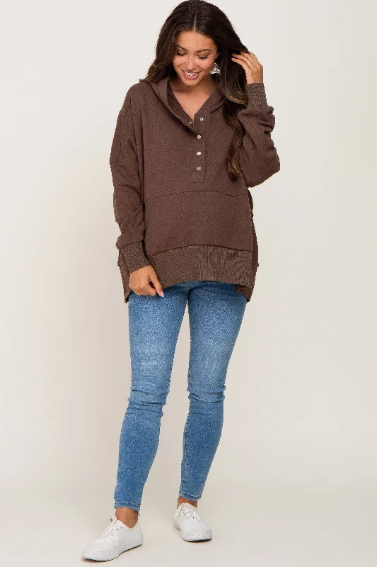 Final Sale Brown Button Front Ribbed Trim Hooded Maternity Sweatshirt