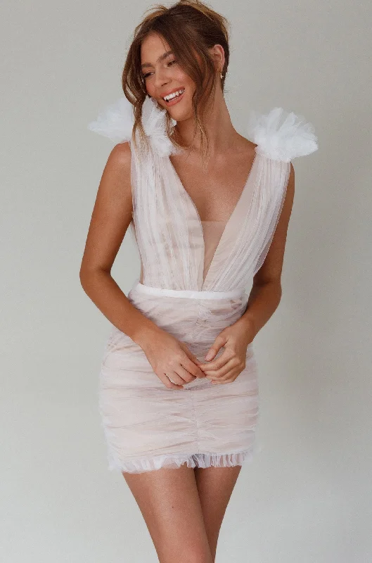 Can't Be Beat Ludivine Shoulder Accent Mesh Mini Dress White