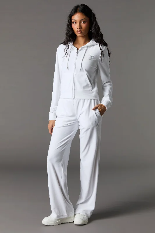 Deal Zone Playboy Rhinestone Velour Wide Leg Pant