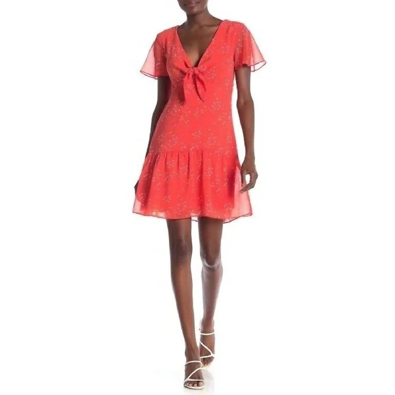 Stock Clearance Heart Print Front Tie Ruffle Hem Chiffon Dress In Red